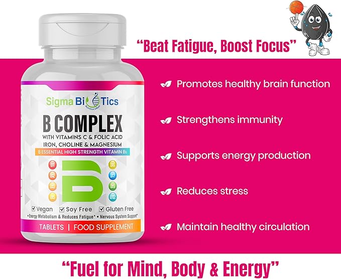Vitamin B Complex with Vitamin C, Iron, Magnesium & Choline - High Potency B1-B12 Tablets - Energy, Metabolism & Nervous System Support - Vegan, Non-GMO - 90 Tablets