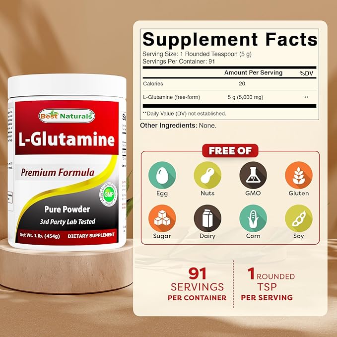 Best Naturals L-Glutamine Powder - 1 Pound - 100% Pure and Free Form - Glutamine Recovery Powder - Clinically Proven Recovery Aid for Men and Women (817716014555)