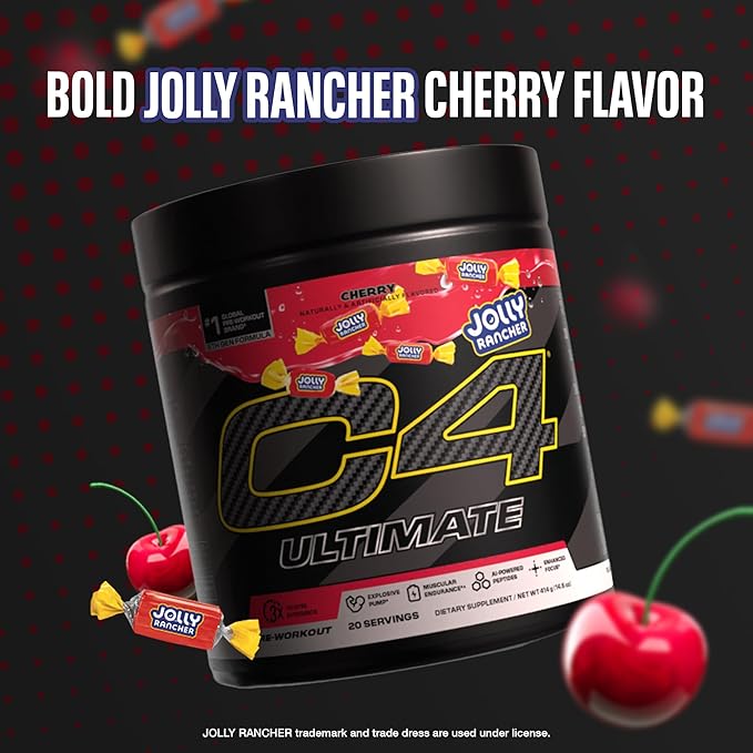 Cellucor C4 Ultimate Pre Workout Powder - Sugar Free Preworkout Energy Supplement for Men & Women - 300mg Caffeine + TeaCrine + Dynamine + Creatine - Jolly Rancher Cherry, 20 Servings