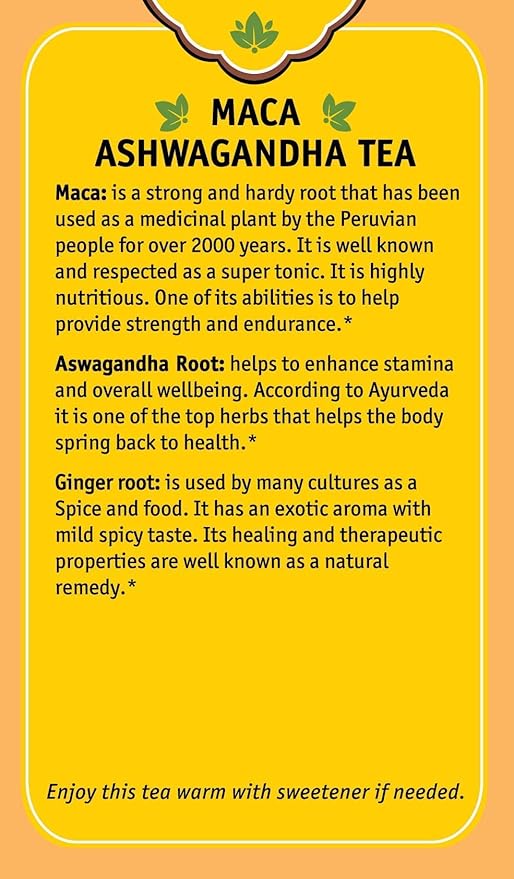 Herbal Cup Ayurveda Maca Tea, Organic Ashwagandha, No Caffeine Herbal Teas (16 Count, Pack of 6)