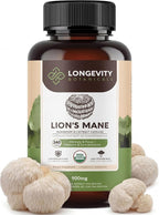 Longevity Botanicals Organic Lion's Mane Mushroom Capsules Supplement Extract 240ct | Hericium Erinaceus Fruiting Body | ≥20% Beta-D-Glucans | 80 Servings of 900mg | Supports Cognitive & Gut Wellness