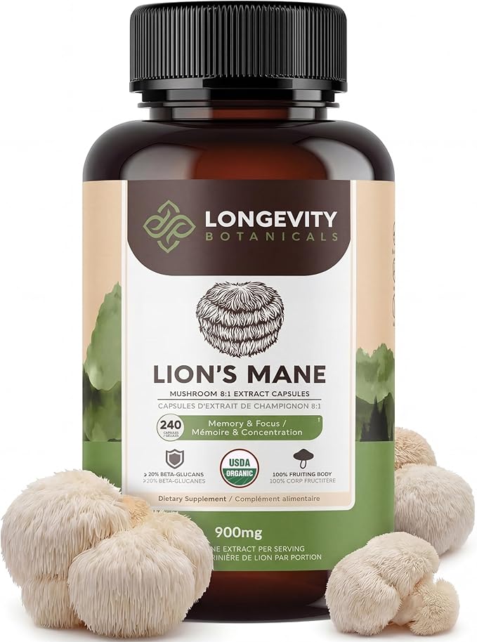 Longevity Botanicals Organic Lion's Mane Mushroom Capsules Supplement Extract 240ct | Hericium Erinaceus Fruiting Body | ≥20% Beta-D-Glucans | 80 Servings of 900mg | Supports Cognitive & Gut Wellness