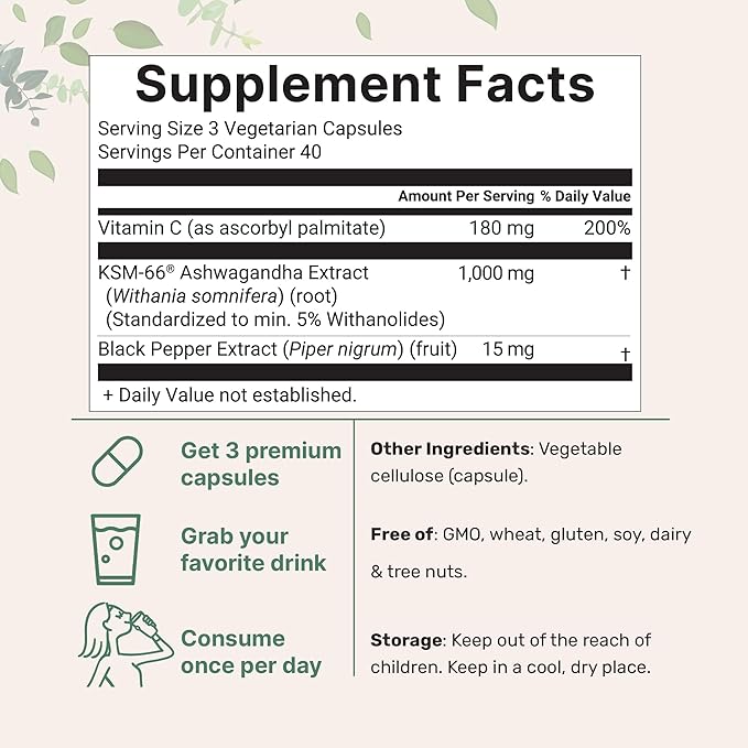 KSM-66 Ashwagandha 1,000mg Per Serving | 120 Veggie Capsules with Black Pepper for Better Absorption & Fat Soluble Vitamin C | Potent Root Extract | Stress, Relaxation, & Sleep Support | Filler Free