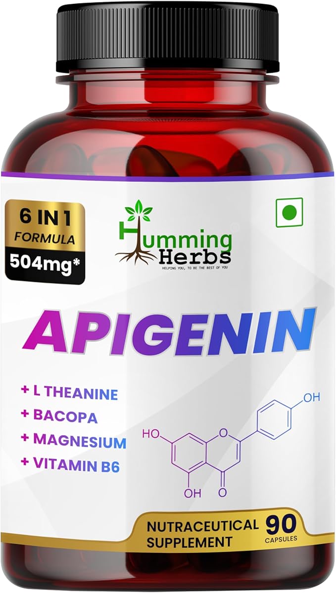 Humming Herbs Apigenin 504mg 6-in-1 Brain & Wellness Supplement with L-Theanine, Bacopa, Magnesium, Vitamin B6, Piper Nigrum – 90 Vegan Capsules