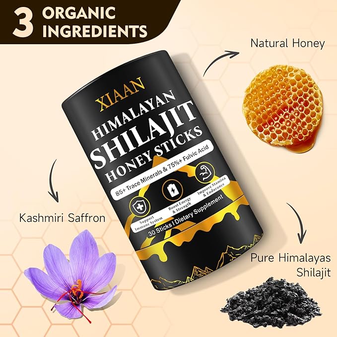 Shilajit Honey Sticks for Men & Women, Pure Himalayan Honey Shilajit with 85+ Trace Minerals, 75%+ Fulvic Acid for Energy Boost, Immune Support 30 Sticks