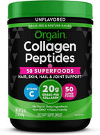 Orgain Hydrolyzed Collagen Powder + 50 Organic Superfoods For Women & Men, 20g Grass Fed Collagen with Vitamin C, Unflavored - Hair, Skin, Nail, & Joint Support Supplement, Non-GMO, Type I & III, 1lb
