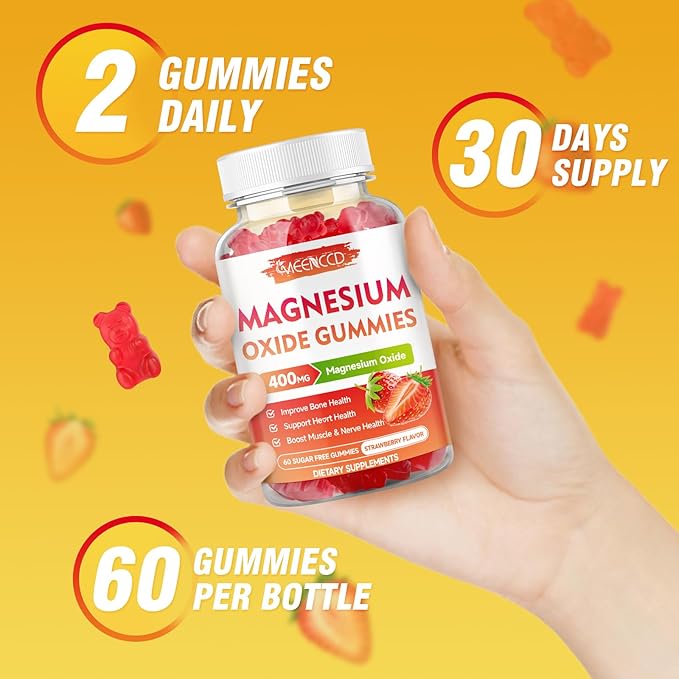 2 Pack Magnesium Oxide Gummies 400mg, Chewable Magnesium Oxide Supplement for Adults & Kids, Muscle Function Support, Non-GMO, Sugar-Free, Strawberry Flavor, 120 Count