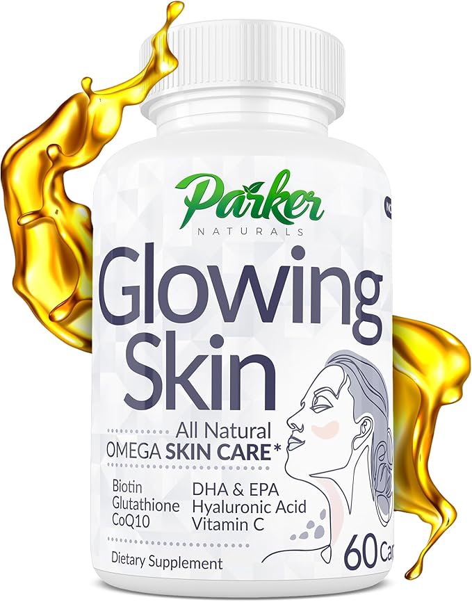 Parker Naturals Glowing Skin Supplement - Biotin, Glutathione, Hyaluronic Acid, DHA/EPA Omega 3 Fish Oil, CoQ10, Vitamin C, All Natural Skin Care Supplement, 60 Caps