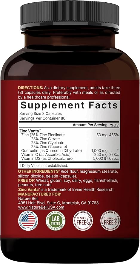 NatureBell Zinc Quercetin with Vitamin C & D3, 240 Capsules | Quercetin 1,000mg + Zinc 50mg + Vitamin C 250mg + Vitamin D3 5,000 IU | 4-in-1 Advanced Immune & Lung Support | ZincVanta Formula