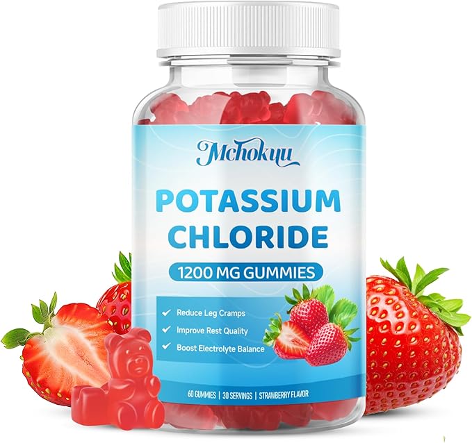 Potassium Chloride Gummies 1200mg for Adults & Kids, Sugar-Free Potassium Supplement Gummies Support Leg Cramps & Electrolyte Balance for Women & Men, Strawberry Flavor, 60 Count