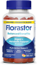 Florastor Prebiotic and Probiotic Gummies, Digestive and Metabolic Support Probiotic Blend for Multi-Action Digestive Health Care, with Vitamin B12, 56 Gummies