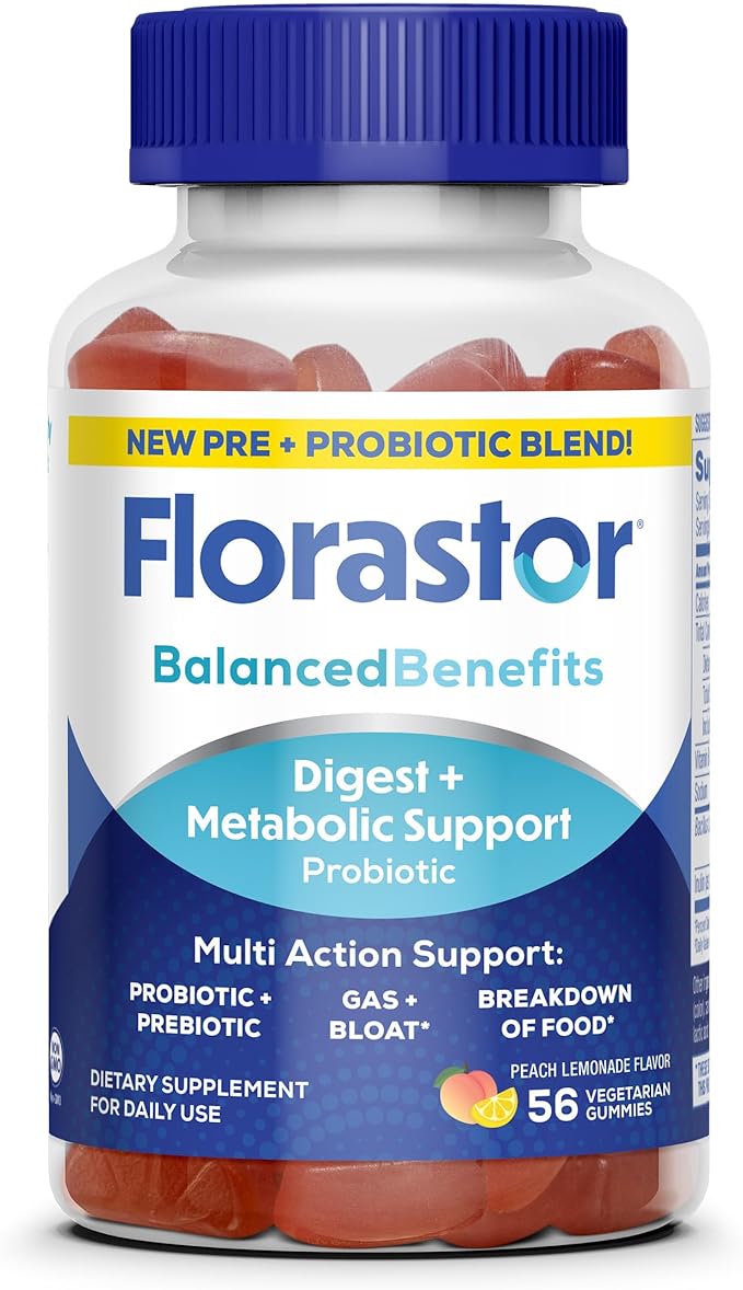 Florastor Prebiotic and Probiotic Gummies, Digestive and Metabolic Support Probiotic Blend for Multi-Action Digestive Health Care, with Vitamin B12, 56 Gummies