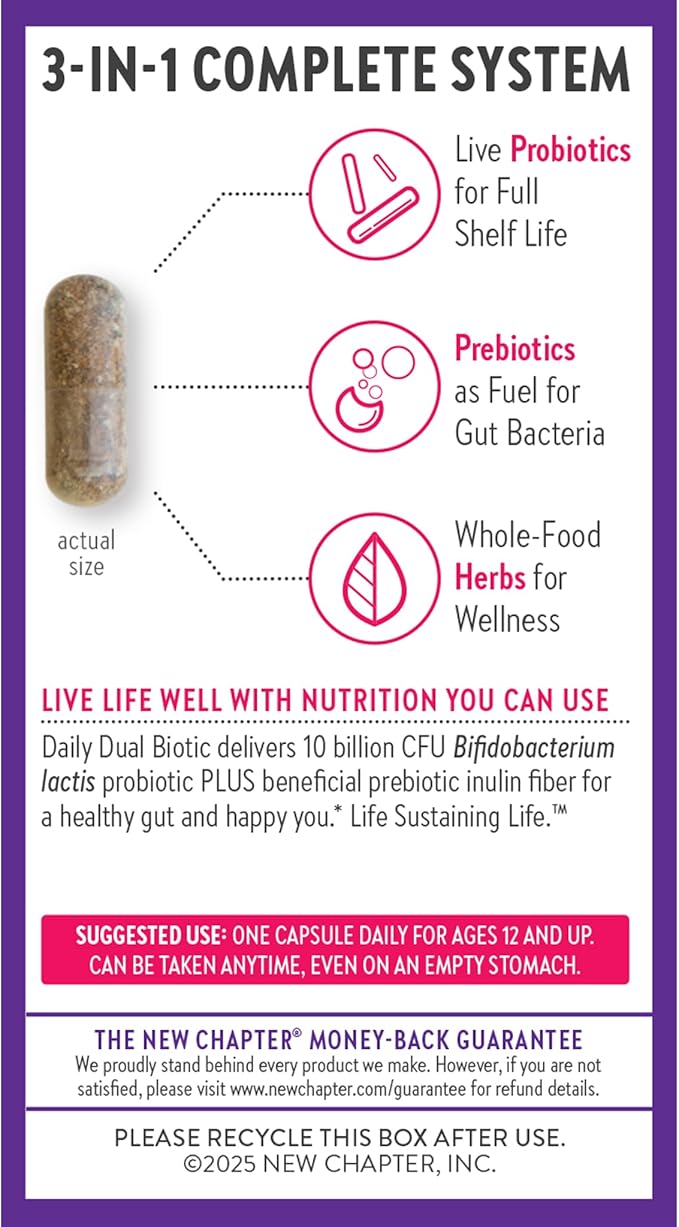New Chapter Daily Dual Biotic Probiotic + Prebiotic for Digestion & Microbiome Health, 100% Vegan, Soy Free, Non-GMO, 60 Count (2 Month Supply)