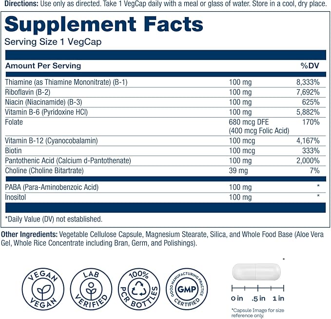 SOLARAY Vitamin B Complex 100mg - Cellular Energy, Nerve and Heart Health Support - Supplies All 8 B Complex Vitamins - Vitamin B12, B1, B2, B3, B6, Niacin, Folic Acid and Biotin - Vegan, 275 Servings