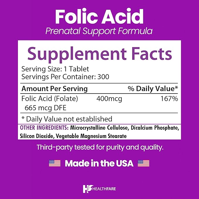Healthfare Folic Acid 400mcg | 300 Veg Tablets | Folate Vitamin B9 | Gluten-Free | Non-GMO | Made in USA