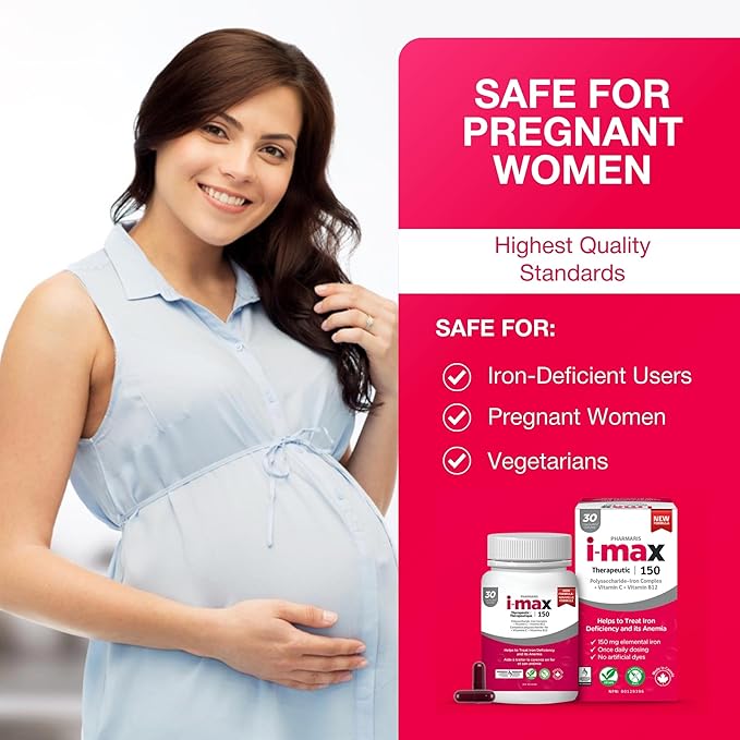 i-max Iron Supplement 150 mg, Vitamin C 250 mg & B12 1000 mcg, Iron Supplement for Women & Men, No Artificial Dyes, Vegan, Once Daily, 30 Capsules