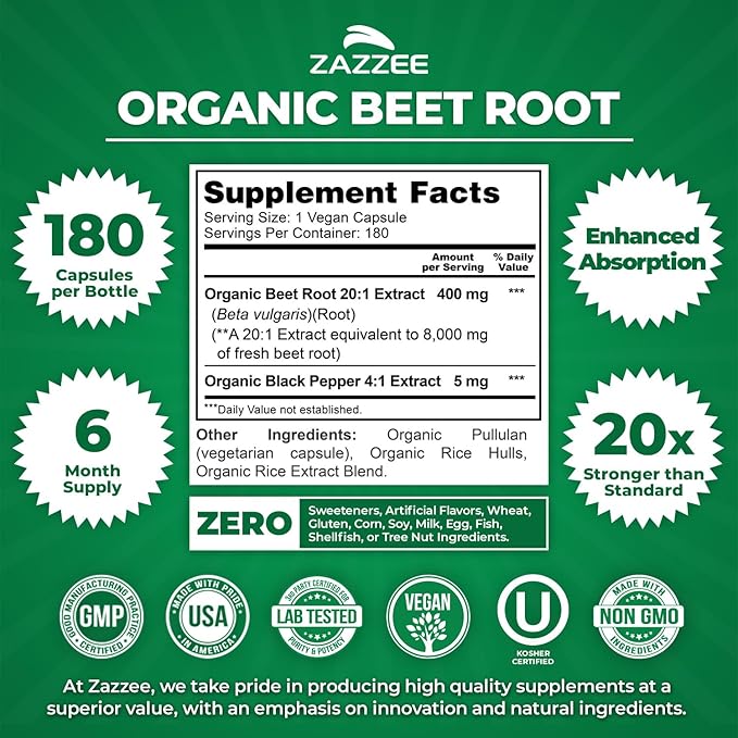 Zazzee USDA Organic Beet Root 20:1 Extract, 180 Vegan Quick Release Capsules, 6 Month Supply, Nitric Oxide Support, Black Pepper Extract for Enhanced Absorption, Certified Kosher, Non-GMO, Made in USA