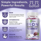 Iron Supplement for Women and Men, Grape Flavored Gummies 65mg and 250mg Vitamin C & Folate for Iron Deficiency and Anemia, Energy Support & Immune Health, 60 Count