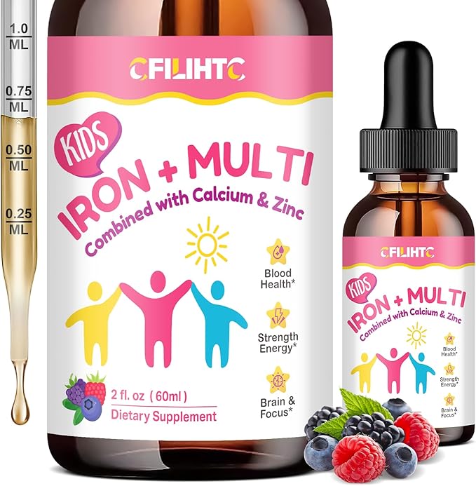 Liquid Iron Supplement for Kids, Women & Men - with Calcium, Zinc, Kids Multivitamin with Iron Drops - Blood Builder & Energy Support for Iron Deficiency, Anemia, Mixed Berry Flavor 2 Fl Oz