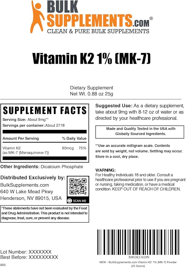 BulkSupplements.com Vitamin K2 Powder - Vitamin K2 MK-7, as Menaquinone Powder - K2 Vitamin Supplement for Wellness, Gluten Free, 9mg per Serving, 25g (0.88 oz) (Pack of 1)