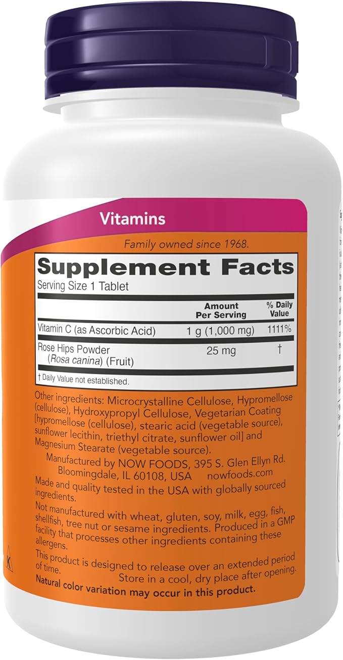 NOW Foods Supplements, Vitamin C-1,000 with Rose Hips, Sustained Release, Antioxidant Protection*, 100 Tablets