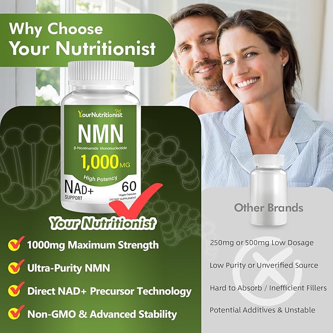 NMN Supplements 1000mg - High Purity NAD+ Precursor - Non-GMO - 60 Vegan Capsules