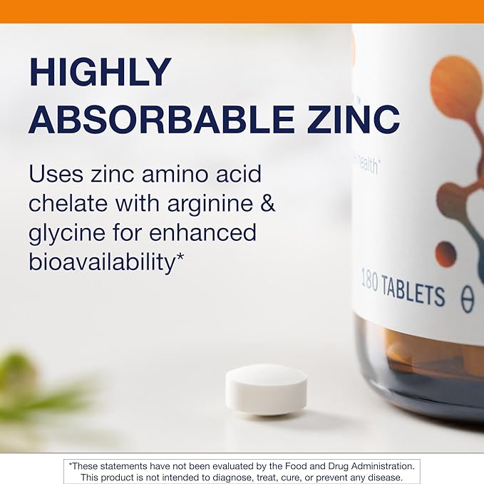 Metagenics Zinc A.G. - Highly Absorbable Zinc with Arginine & Glycine Chelates - Supports Immune Function, Bone Health, Skin & Energy Metabolism - Non-GMO & Gluten-Free - 180 Tablets