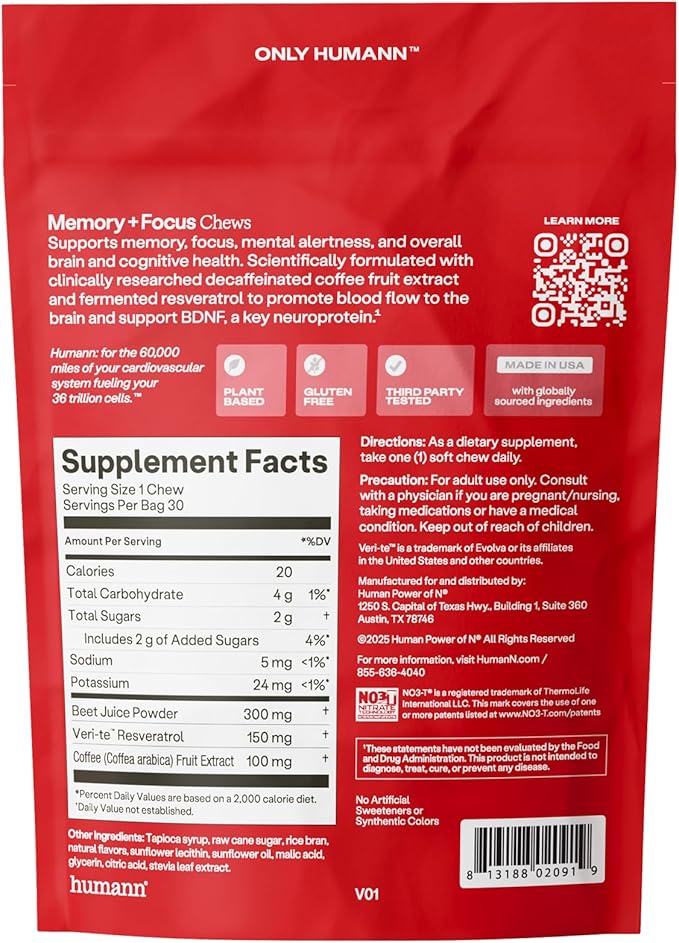 Humann Memory and Focus Chews, Brain Supplement for Mental Alertness with Beet Root Powder, Clinically Studied Nootropics, Resveratrol Plus Beet Root Powder, Blueberry Pomegranate Flavor, 30 Count