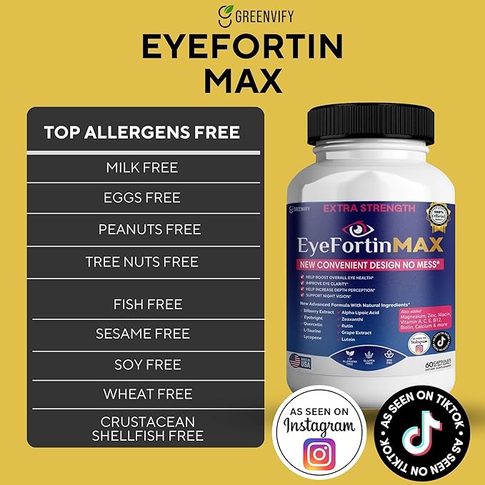 EyeFortin MAX Eye Health Supplement, 60 Capsules, Extra Strength with Lutein, Vitamins A C E B12, Bilberry Extract, 30 Day Supply (10)