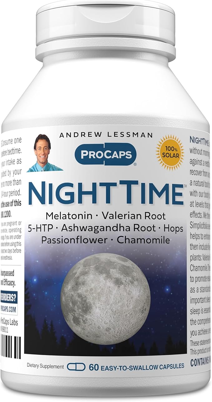 ANDREW LESSMAN Night Time 60 Capsules - 3mg Melatonin, Valerian, Ashwagandha, Passionflower, Hops, Chamomile. No Morning Grogginess. Natural Support, Gentle Restful Sleep. Easy to Swallow Capsules