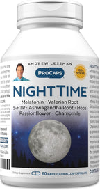 ANDREW LESSMAN Night Time 60 Capsules - 3mg Melatonin, Valerian, Ashwagandha, Passionflower, Hops, Chamomile. No Morning Grogginess. Natural Support, Gentle Restful Sleep. Easy to Swallow Capsules