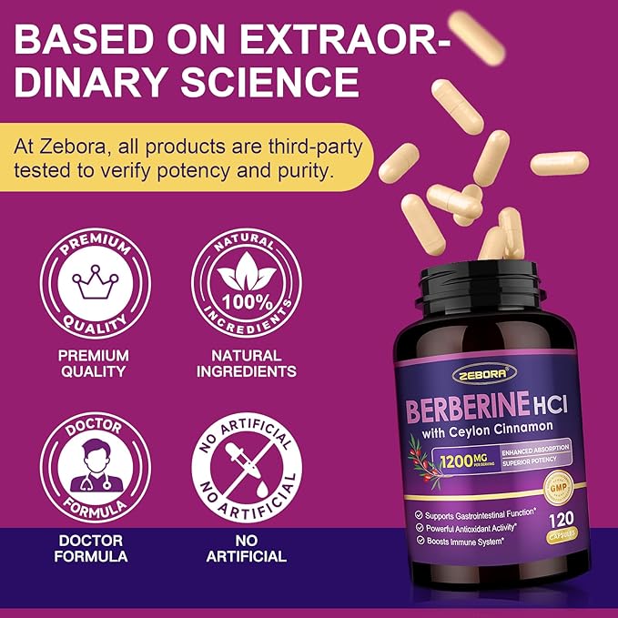 ZEBORA Premium Berberine HCL Supplement 1200 mg, Berberine GLP-1 Support with Ceylon Cinnamon, ALA & Capric Acid, Supports Immune & Antioxidant, Non-GMO, 120 Capsules