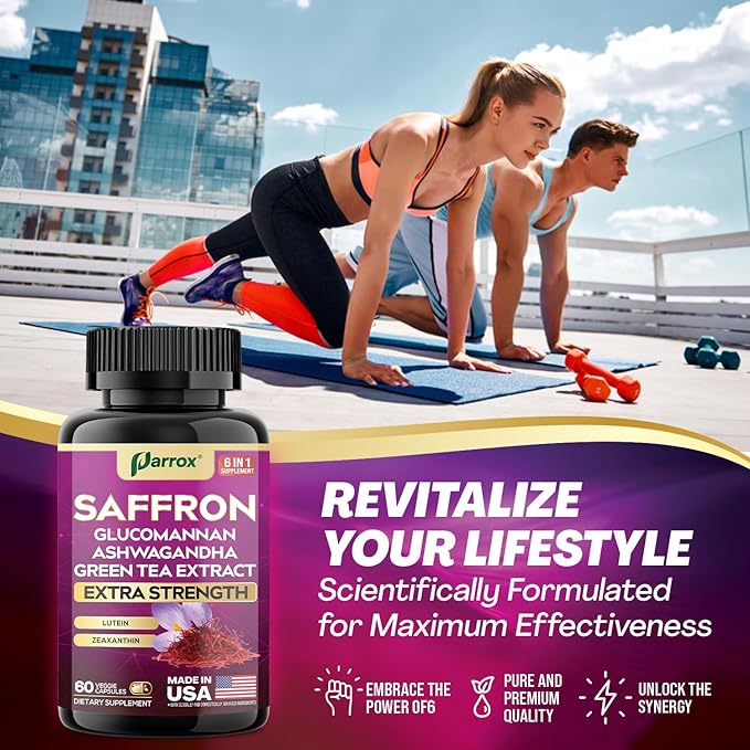 Saffron Supplement with Glucomannan, Ashwagandha, Green Tea Extract, Zeaxanthin & Lutein, Vision Support & Daily Wellness Formula, Extra Strength Plant-Based Capsules, 2 Month Supply (60 Caps)