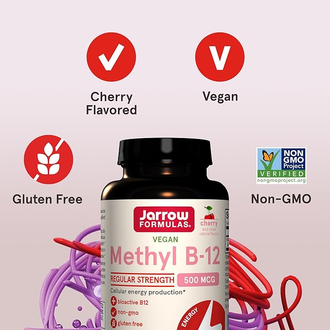 Jarrow Formulas® Methyl B-12 Tablets, 500 mg, Dietary Supplement for Cellular Energy Production and Brain Health Support, 100 Cherry Flavor Chewable Tablets, 100 Day Supply