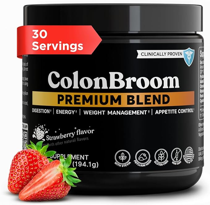ColonBroom Premium Weight Management Supplement (Strawberry, 30 Servings) - Colon Broom Psyllium Husk Fiber Powder Drink - Gluten Free, Non-GMO Colon Cleanse for Bloating Relief & Gut Health