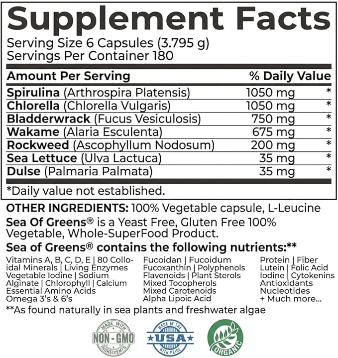 Sea of Greens – Organic Seaweed & Algae Superfood Blend – Spirulina, Chlorella, Bladderwrack, Wakame – Natural Iodine & Fucoidan – Oxalate-Free – 180 Vegetable Capsules - 3 Pack