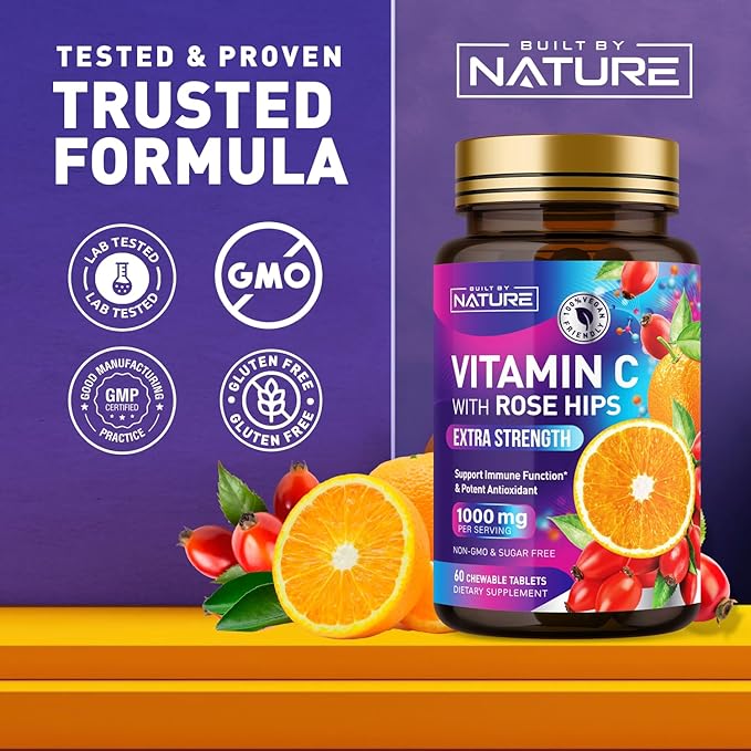 Built by Nature Chewable Vitamin C with Rose HIPS - 1000mg Immune Support Supplement - Non-GMO, Gluten-Free, Vegan - Powerful Antioxidant for Energy & Collagen Boost - Orange Flavor – 60 Tablets