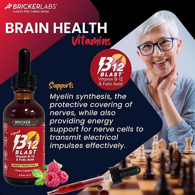 Bricker Labs B-12 Blast Liquid Vitamin B12 and Folic Acid Supplement, Support Energy Production, Great Tasting Liquid Vitamin B12 Dietary Supplement in Natural Raspberry Flavor, 2 fl oz Bottle