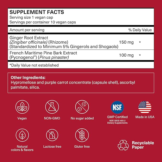 Pycnogenol 100mg & Ginger Extract | Supports Healthy Circulation, Vein Health & Leg Comfort | Helps with Occasional Swelling in Legs & Feet | Long-Haul Travel Essentials | 10 Vegan Caps
