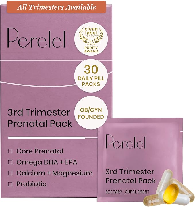 Perelel 3rd Trimester Prenatal Pack, Multivitamin with Magnesium, Omega 3, Probiotics & Calcium, Nutritional Support for Third Trimester Wellness, Soy & Gluten Free, Non GMO, 30 Daily Pill Packs