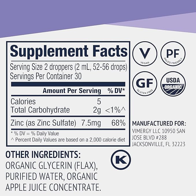 VIMERGY USDA Organic Zinc Supplements for Women & Men (7.5mg Liquid Zinc Per Serving) Fast-Absorbing Immune Support, Promotes Healthy Bones & Skin, Vegan