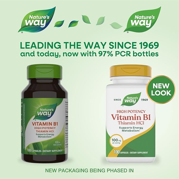 Nature's Way Vitamin B1, High Potency, 100 mg Thiamin per Serving, Thiamin HCl, Supports Energy Metabolism*, Gluten Free, 100 Capsules (Packaging May Vary)