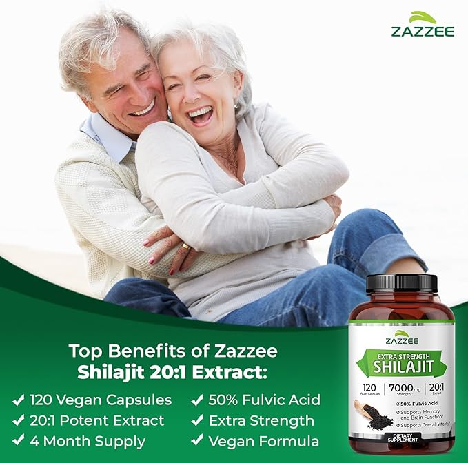 Zazzee 100% Pure Himalayan Shilajit 20:1 Extract, 50% Fulvic Acid, 120 Vegan Capsules, 4 Month Supply, Rich in Trace Mineral, 20X Potency, Energy & Vitality Support, Non-GMO, Made in the USA