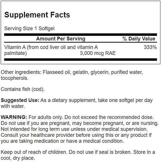 Swanson Vitamin A 10,000 IU (3,000 mcg RAE) Natural Nourishment for Bone, Skin Health, Vision Support & Immune System Function - High Absorption Vitamin A 250 Softgels