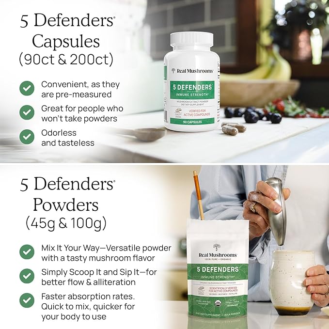 Real Mushrooms 5 Defenders - Adaptogenic Mushrooms Complex with Chaga, Reishi, Turkey Tail, Maitake & Shiitake for Wellness Support - Mushroom Beta Glucan Capsules - 90 Count (Pack of 2)
