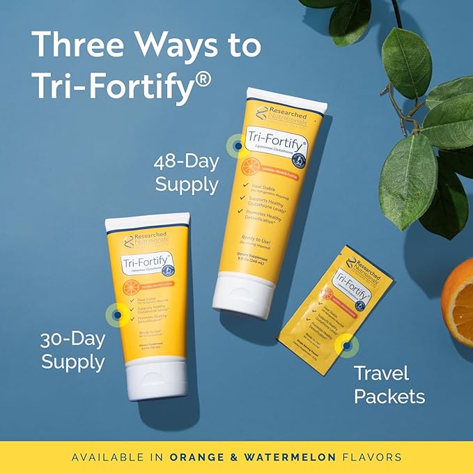 Researched Nutritonals Tri-Fortify Liposomal Glutathione Supplement Liquid Gel - Clinically Researched Detox & Immune System Support, Antioxidant - Superior Absorption - Natural Orange, 8 Fl Oz