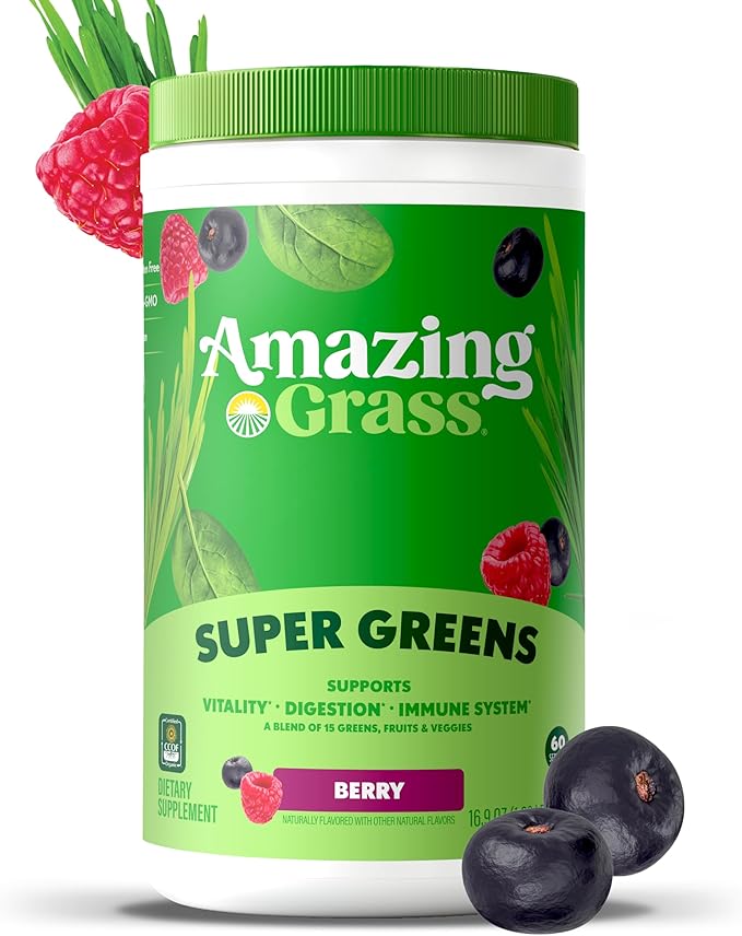 Amazing Grass Greens Blend Superfood: Super Greens Powder Smoothie Mix with Spirulina,Chlorella,Beet Root Powder,Digestive Enzymes & Probiotics,Berry,60 Servings (Packaging May Vary),(Pack of 2)