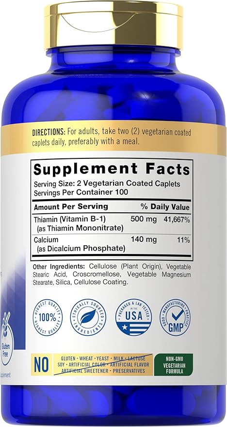 Carlyle Vitamin B1 500mg (Thiamine) | 200 Vegetarian Caplets | Non-GMO and Gluten Free Supplement