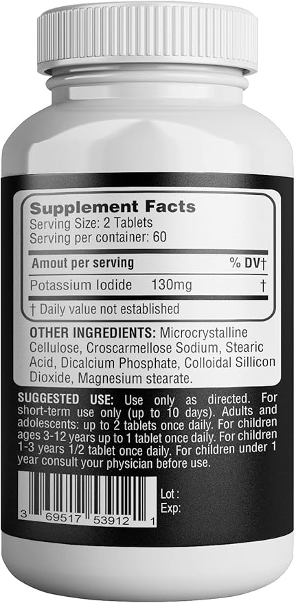 Potassium Iodide130 mg - KI Tablets- Potassium130 mg - USA Made Potassium Iodine Pills YODO Naciente, Yoduro de potasio - 120 Tablets