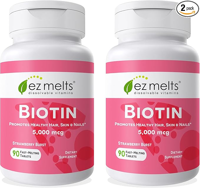 EZ Melts Biotin - Daily Vitamin B7 for Healthy Hair, Skin & Nails - Energy Metabolism Support - No Artificial Flavors - Non-GMO & Vegan - Strawberry Burst - 180 Dissolvable Tablets (180 Servings)